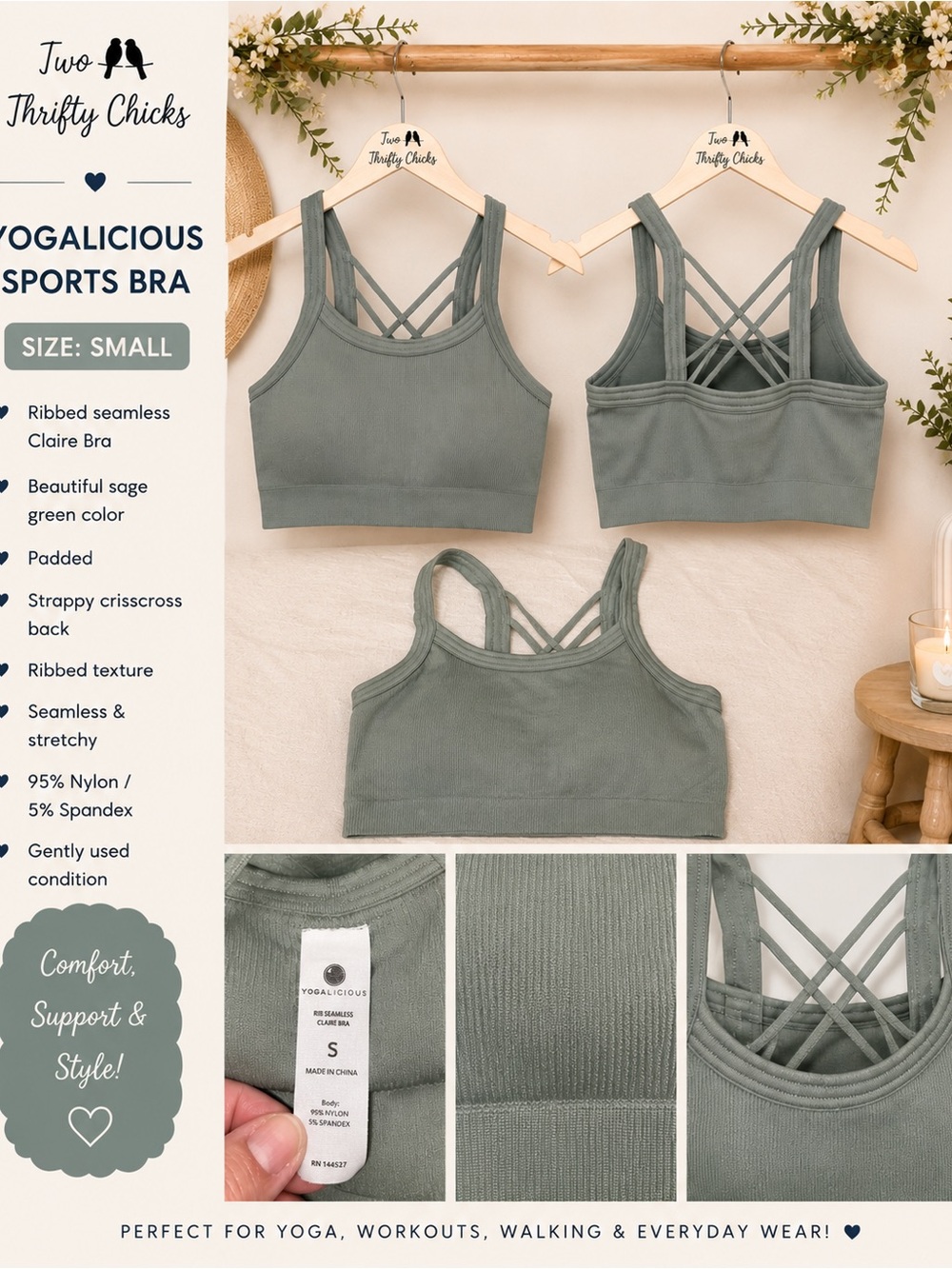 Sage Green Yogalicious Claire Sports Bra - Small - GUC